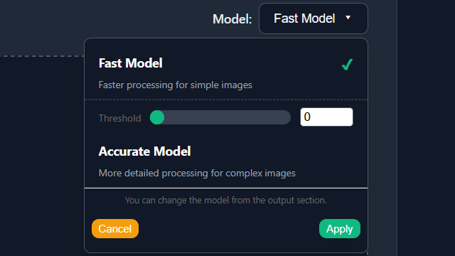 User interface of BIBROF AI displaying the selection menu for Fast and Accurate AI processing models alongside threshold controls.