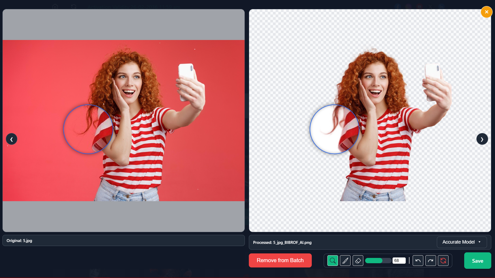 BIBROF AI interface displaying the hover lens magnifying tool, alongside the context-aware brush and eraser editing options.