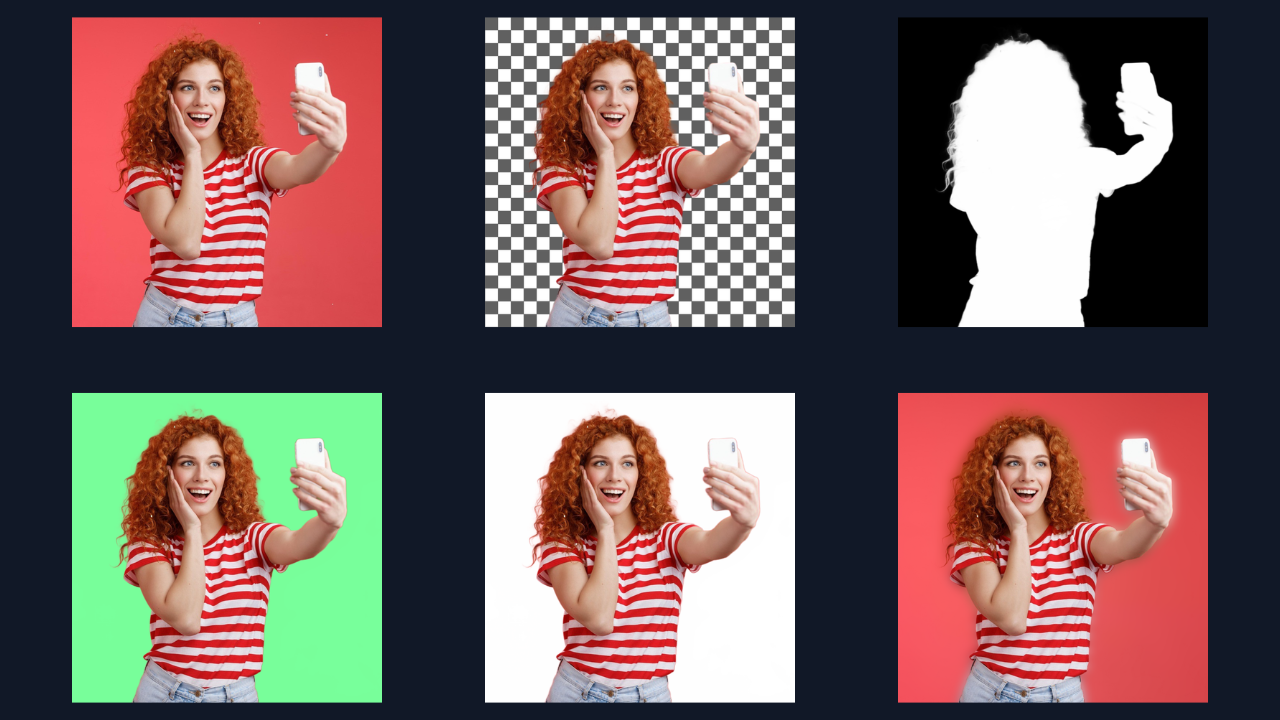 Different output styles from BIBROF AI including transparent, mask, green screen, white, and blur